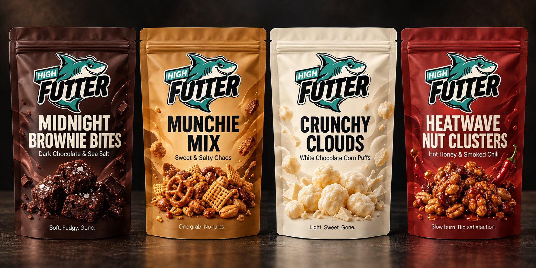Vier High-Futter-Produktkonzepte: Brownie Bites, Munchie Mix, Crunchy Clouds und Heatwave Nut Clusters